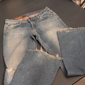 Bartack Blue Flare Wide Leg Jeans with Distressed Details